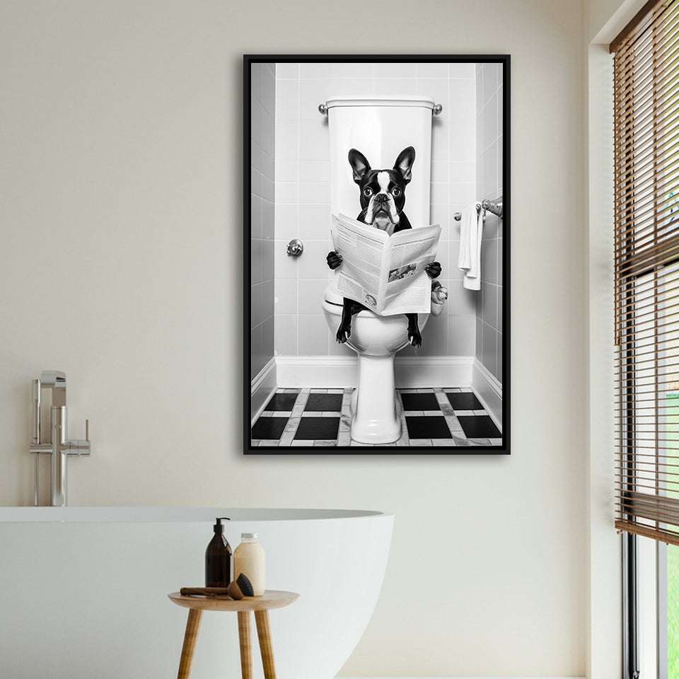 Boston Terrier Framed Canvas Prints Wall Art, Funny Bathroom Decor, Animal In Toilet