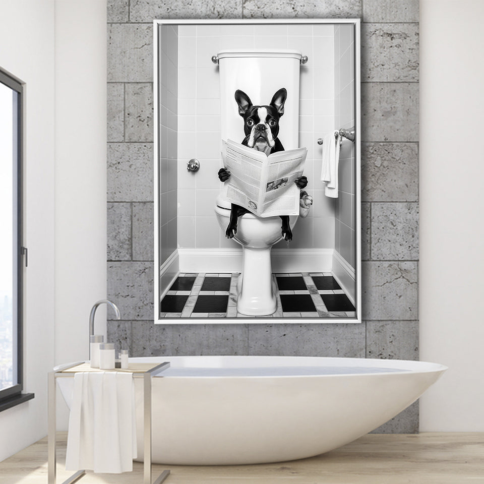 Boston Terrier Framed Canvas Prints Wall Art, Funny Bathroom Decor, Animal In Toilet