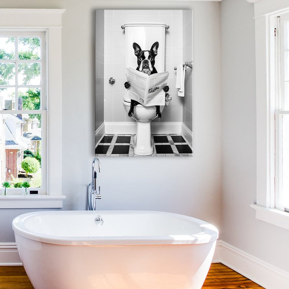 Boston Terrier Canvas Prints Wall Art, Funny Bathroom Decor, Animal in toilet