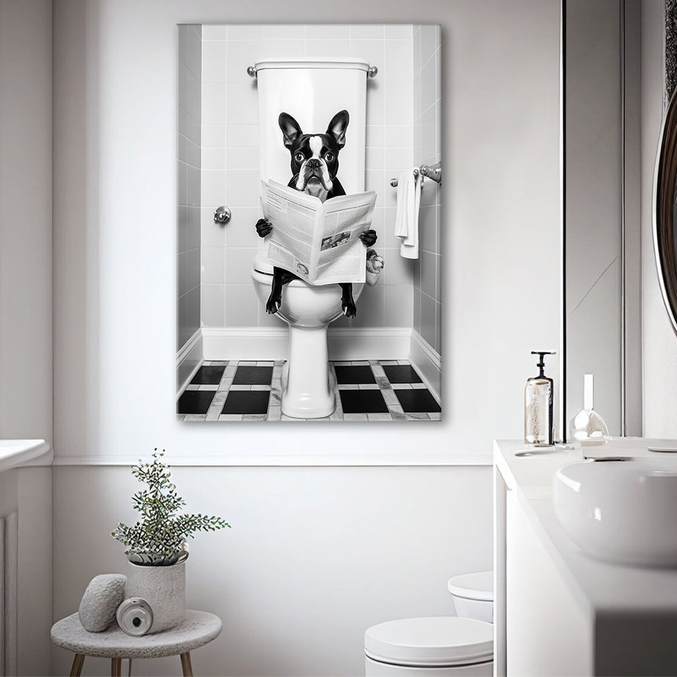 Boston Terrier Canvas Prints Wall Art, Funny Bathroom Decor, Animal in toilet
