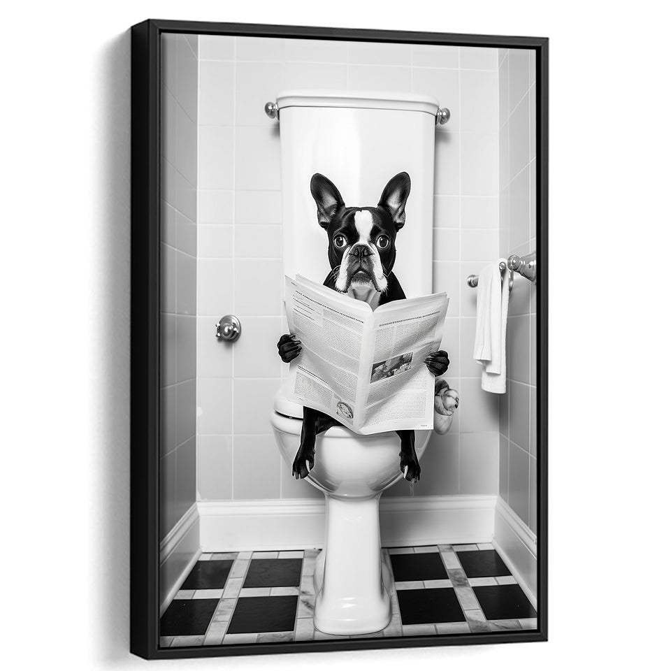 Boston Terrier Framed Canvas Prints Wall Art, Funny Bathroom Decor, Animal In Toilet