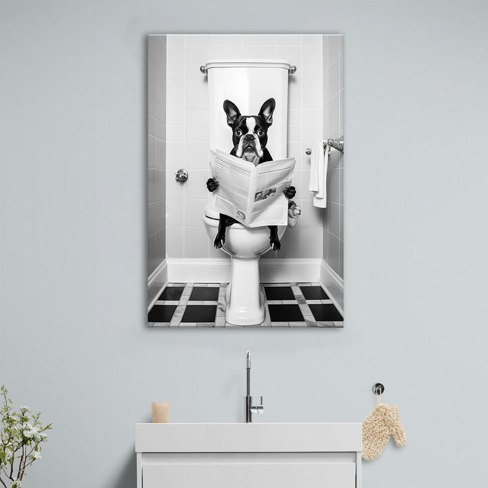 Boston Terrier Canvas Prints Wall Art, Funny Bathroom Decor, Animal in toilet