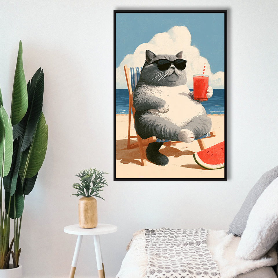 British Shorthair Cat Relax Summer Time, Cute Cat Art, Funny Pet Painting, Framed Canvas Print, Floating Frame
