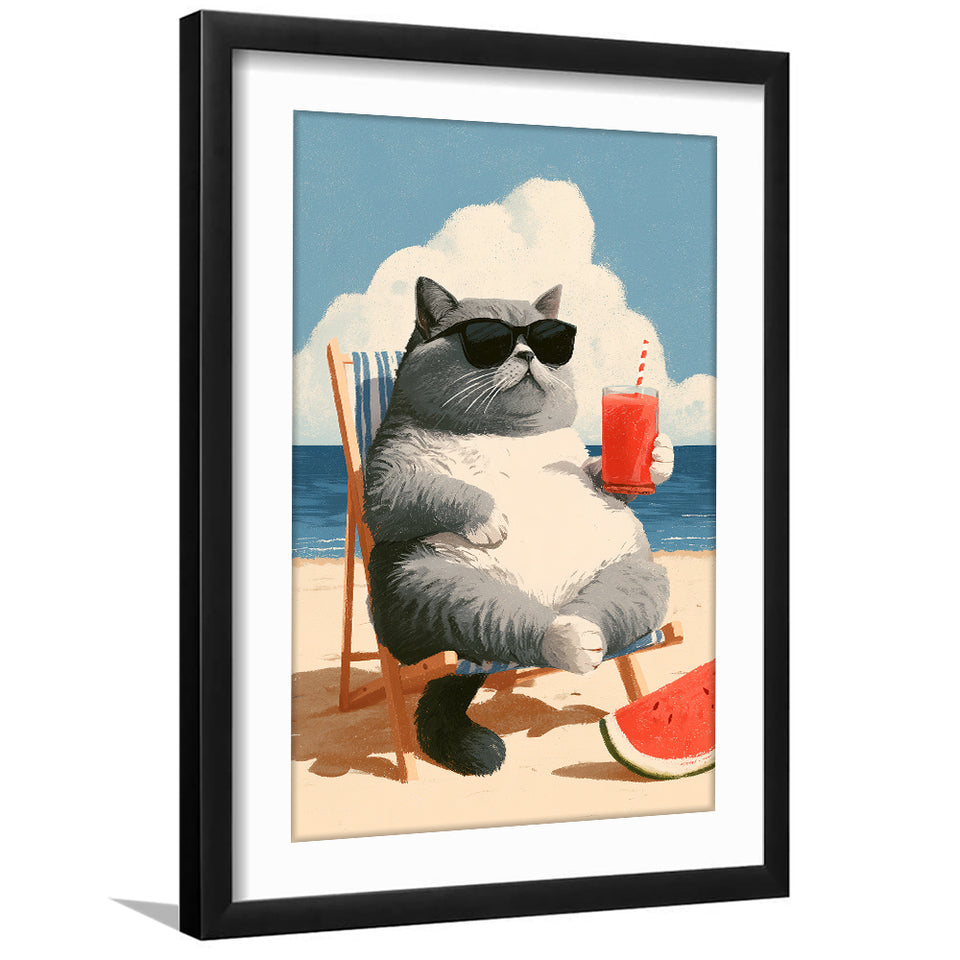 British Shorthair Cat Relax Summer Time, Cute Cat Art, Funny Pet Painting, Framed Art Print White Border
