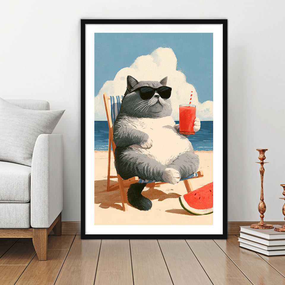British Shorthair Cat Relax Summer Time, Cute Cat Art, Funny Pet Painting, Framed Art Print White Border