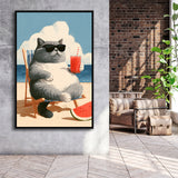 British Shorthair Cat Relax Summer Time, Cute Cat Art, Funny Pet Painting, Framed Canvas Print, Floating Frame