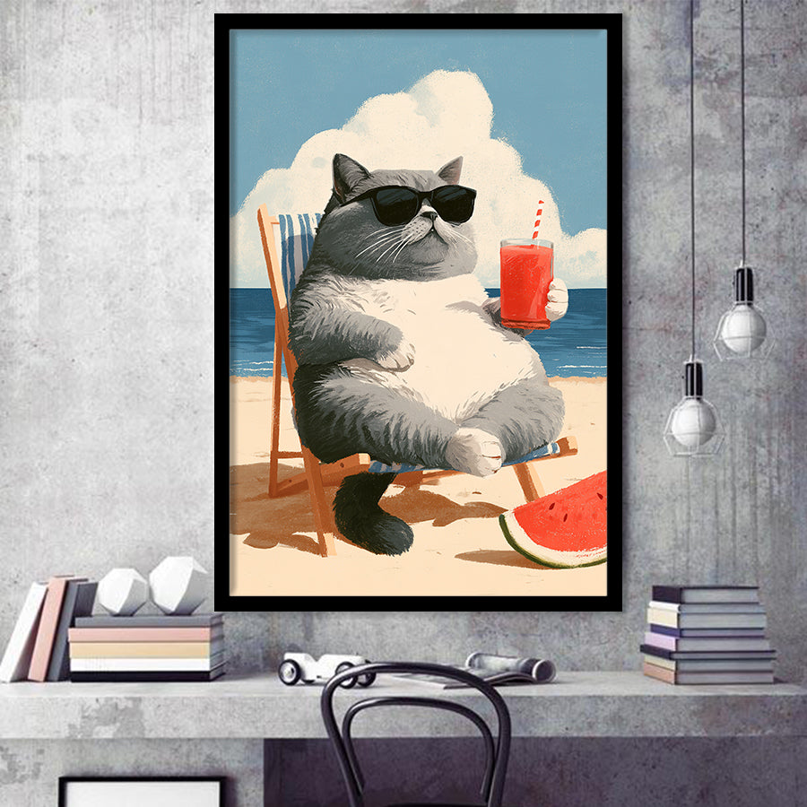 British Shorthair Cat Relax Summer Time, Cute Cat Art, Funny Pet Painting, Framed Art Print, Fine Art Wall Decor