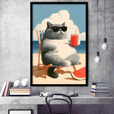 British Shorthair Cat Relax Summer Time, Cute Cat Art, Funny Pet Painting, Framed Art Print, Fine Art Wall Decor
