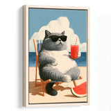 British Shorthair Cat Relax Summer Time, Cute Cat Art, Funny Pet Painting, Framed Canvas Print, Floating Frame