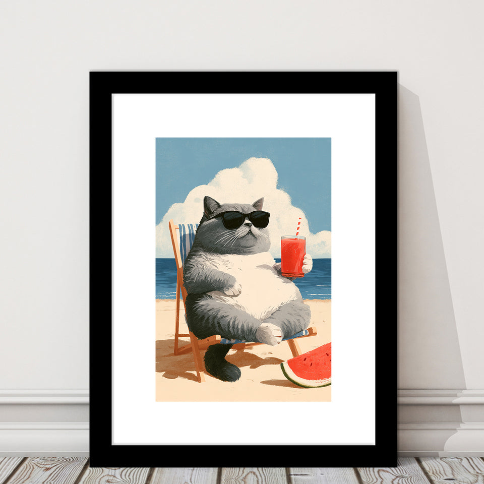 British Shorthair Cat Relax Summer Time, Cute Cat Art, Funny Pet Painting, Framed Art Print White Border