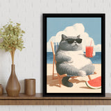 British Shorthair Cat Relax Summer Time, Cute Cat Art, Funny Pet Painting, Framed Canvas Print, Floating Frame