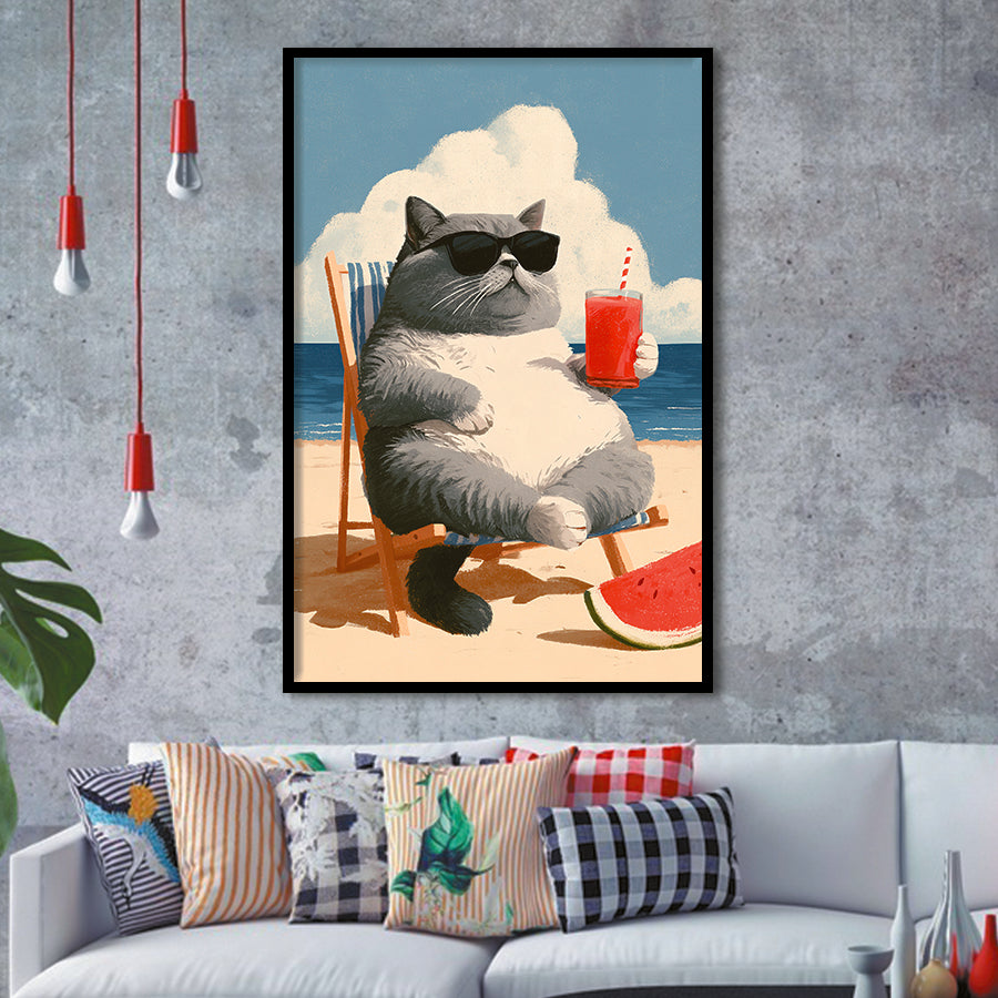 British Shorthair Cat Relax Summer Time, Cute Cat Art, Funny Pet Painting, Framed Art Print, Fine Art Wall Decor