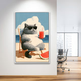 British Shorthair Cat Relax Summer Time, Cute Cat Art, Funny Pet Painting, Framed Canvas Print, Floating Frame