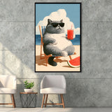 British Shorthair Cat Relax Summer Time, Cute Cat Art, Funny Pet Painting, Framed Canvas Print, Floating Frame