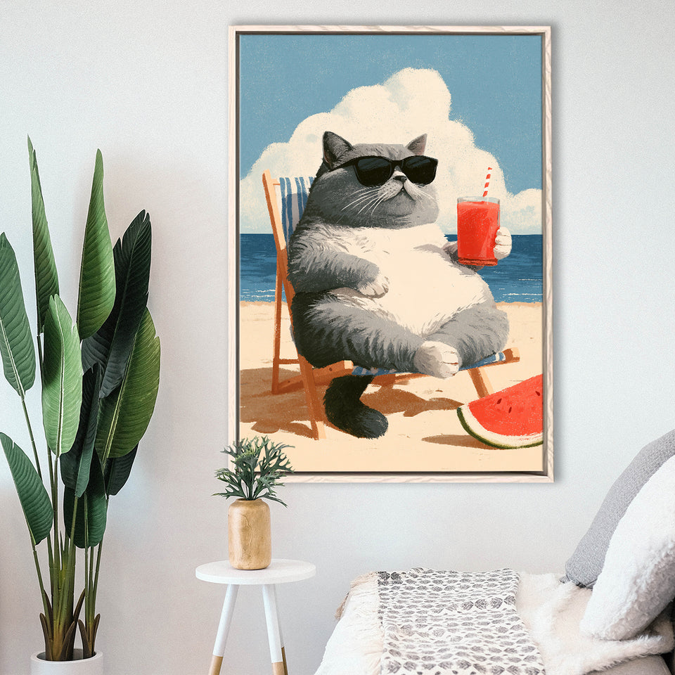 British Shorthair Cat Relax Summer Time, Cute Cat Art, Funny Pet Painting, Framed Canvas Print, Floating Frame