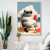 British Shorthair Cat Relax Summer Time, Cute Cat Art, Funny Pet Painting, Framed Canvas Print, Floating Frame