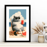 British Shorthair Cat Relax Summer Time, Cute Cat Art, Funny Pet Painting, Framed Art Print White Border
