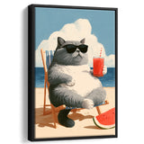 British Shorthair Cat Relax Summer Time, Cute Cat Art, Funny Pet Painting, Framed Canvas Print, Floating Frame