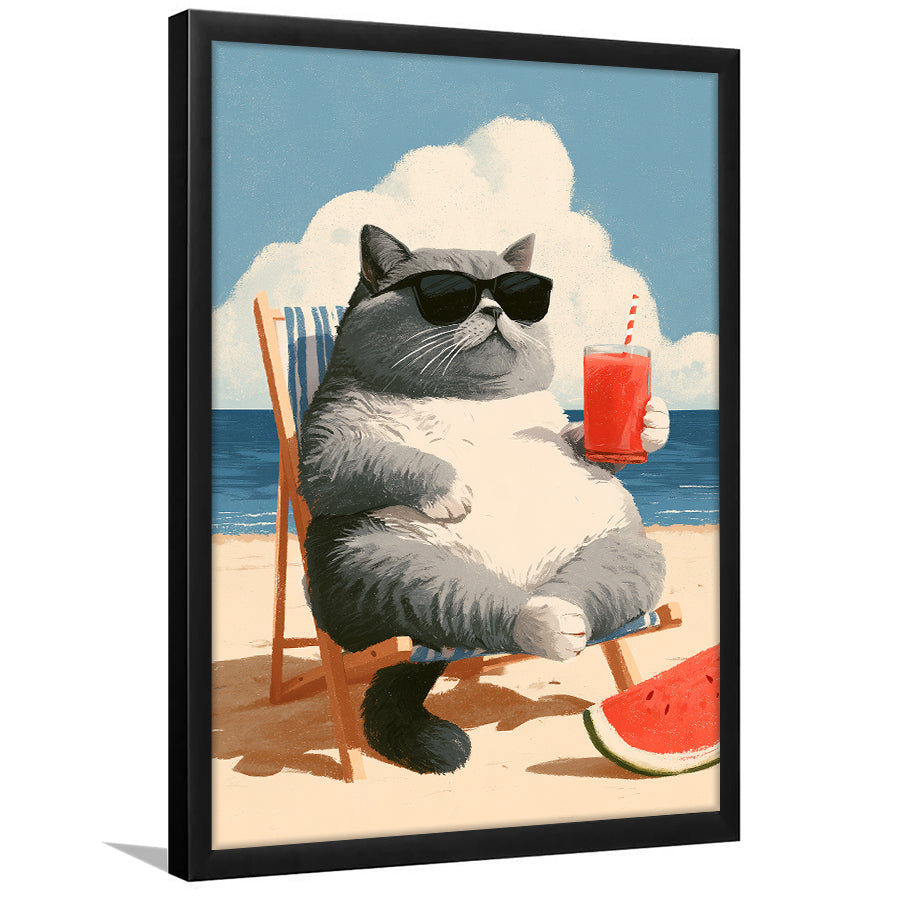 British Shorthair Cat Relax Summer Time, Cute Cat Art, Funny Pet Painting, Framed Art Print, Fine Art Wall Decor