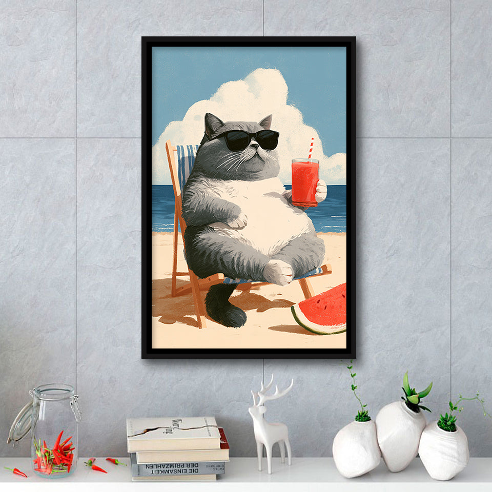 British Shorthair Cat Relax Summer Time, Cute Cat Art, Funny Pet Painting, Framed Canvas Print, Floating Frame