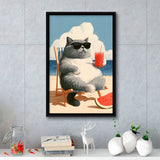 British Shorthair Cat Relax Summer Time, Cute Cat Art, Funny Pet Painting, Framed Canvas Print, Floating Frame