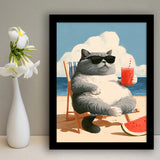 British Shorthair Cat Relax Summer Time, Cute Cat Art, Funny Pet Painting, Framed Art Print, Fine Art Wall Decor