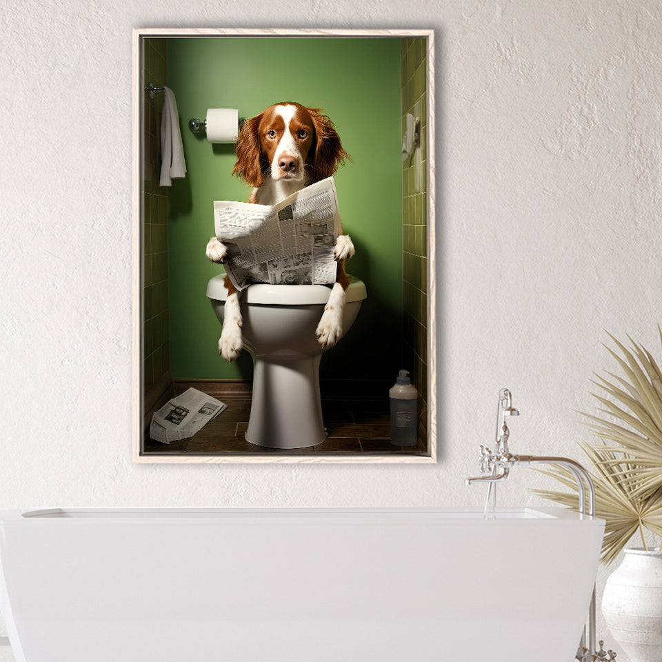 Brittany Spaniel Framed Canvas Prints Wall Art, Funny Bathroom Decor, Animal In Toilet