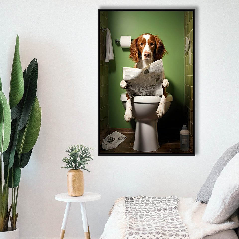Brittany Spaniel Framed Canvas Prints Wall Art, Funny Bathroom Decor, Animal In Toilet