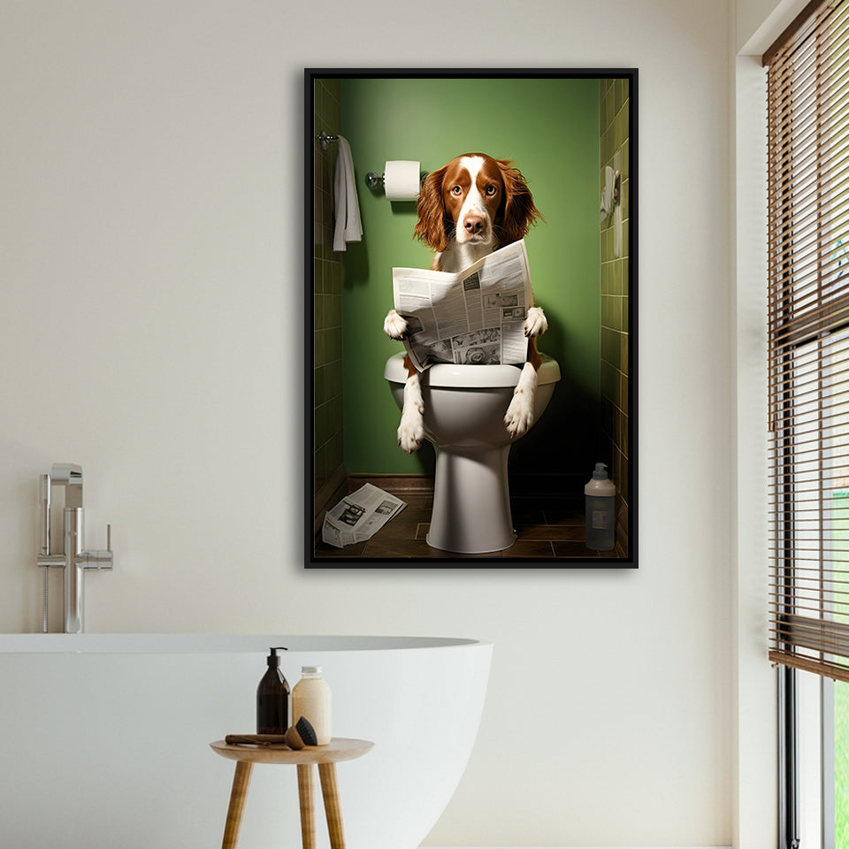 Brittany Spaniel Framed Canvas Prints Wall Art, Funny Bathroom Decor, Animal In Toilet