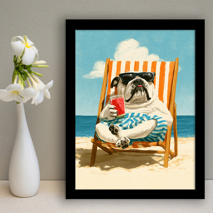 Bul Dog Watermelon On The Beach, Funny Pet Lover Art, Vintage Painting, Framed Art Print, Fine Art Wall Decor