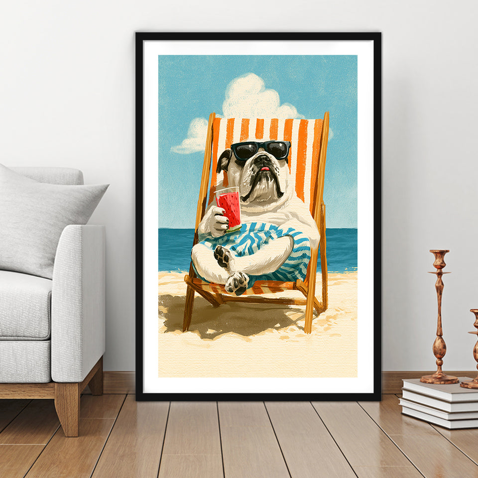 Bul Dog Watermelon On The Beach, Funny Pet Lover Art, Vintage Painting, Framed Art Print White Border
