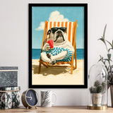 Bul Dog Watermelon On The Beach, Funny Pet Lover Art, Vintage Painting, Framed Art Print, Fine Art Wall Decor