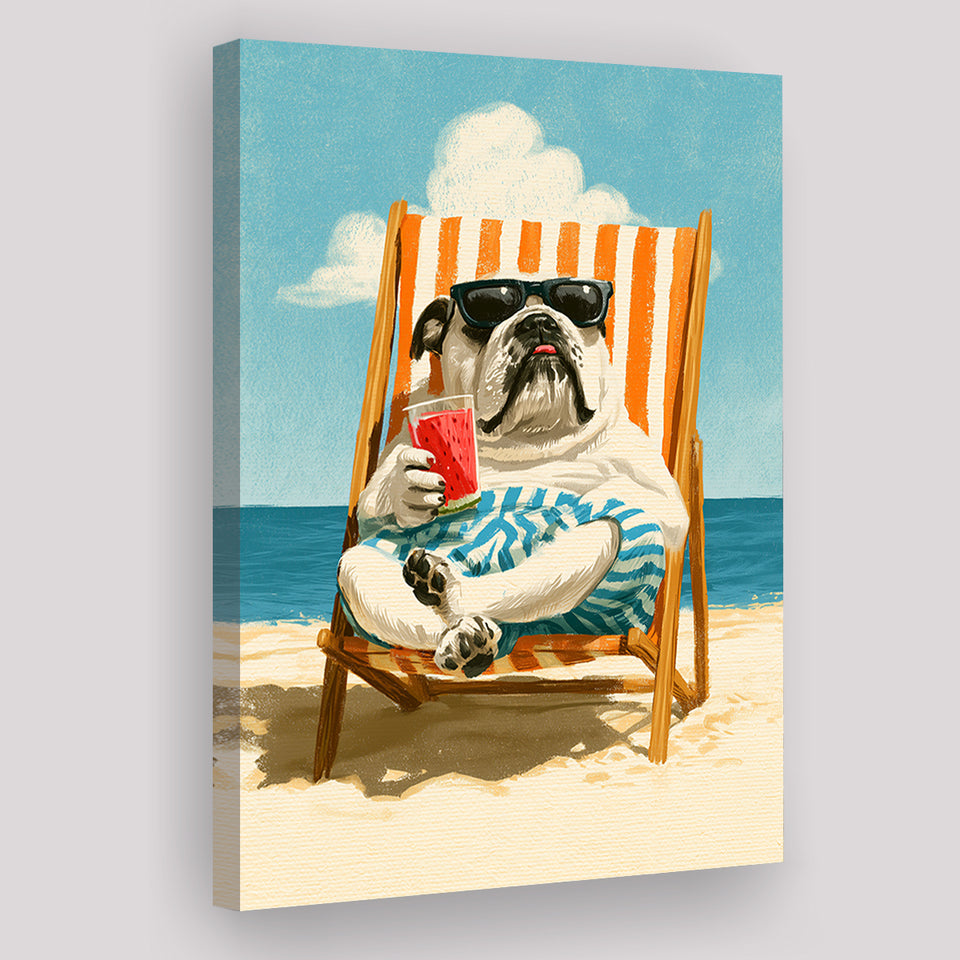 Bul Dog Watermelon On The Beach, Funny Pet Lover Art, Vintage Painting, Canvas Print Wall Art, Wall Decor
