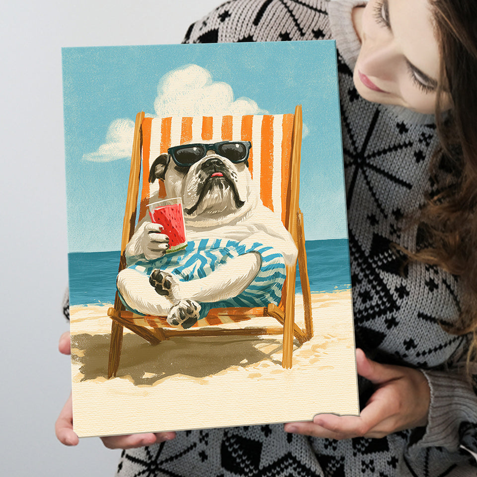 Bul Dog Watermelon On The Beach, Funny Pet Lover Art, Vintage Painting, Canvas Print Wall Art, Wall Decor