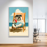 Bul Dog Watermelon On The Beach, Funny Pet Lover Art, Vintage Painting, Framed Canvas Print, Floating Frame