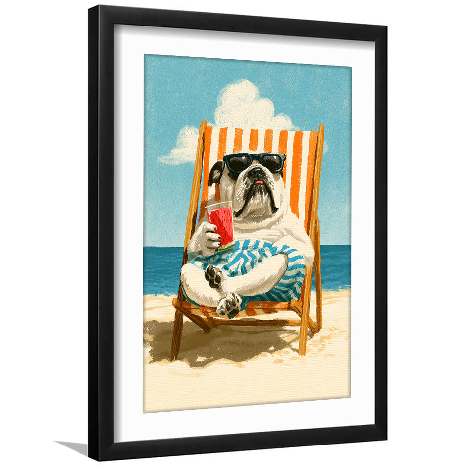 Bul Dog Watermelon On The Beach, Funny Pet Lover Art, Vintage Painting, Framed Art Print White Border