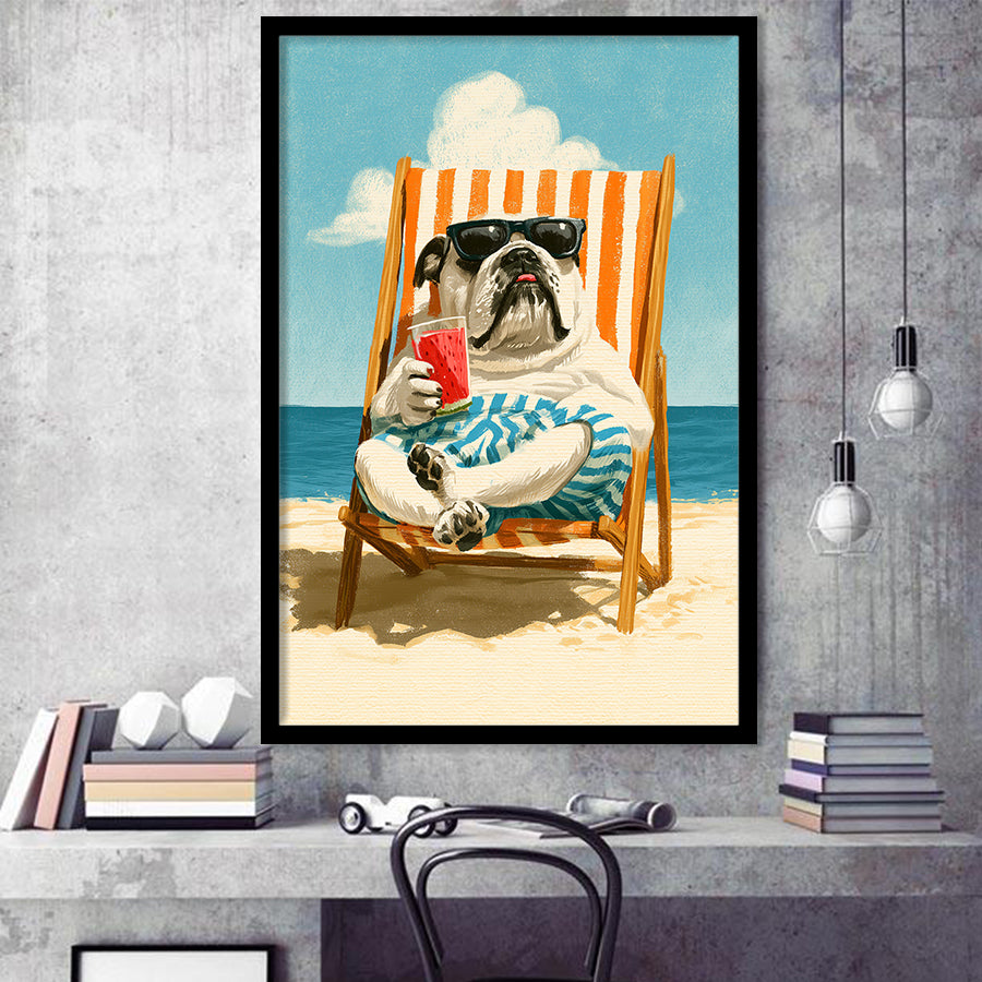 Bul Dog Watermelon On The Beach, Funny Pet Lover Art, Vintage Painting, Framed Art Print, Fine Art Wall Decor