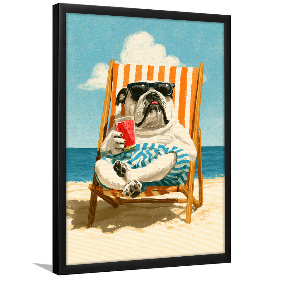 Bul Dog Watermelon On The Beach, Funny Pet Lover Art, Vintage Painting, Framed Art Print, Fine Art Wall Decor