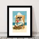 Bul Dog Watermelon On The Beach, Funny Pet Lover Art, Vintage Painting, Framed Art Print White Border