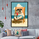 Bul Dog Watermelon On The Beach, Funny Pet Lover Art, Vintage Painting, Framed Art Print, Fine Art Wall Decor