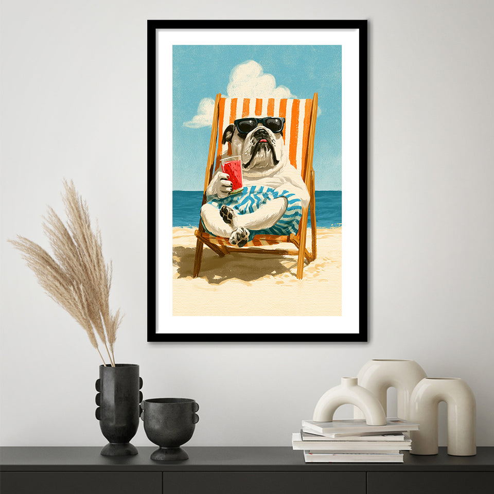 Bul Dog Watermelon On The Beach, Funny Pet Lover Art, Vintage Painting, Framed Art Print White Border