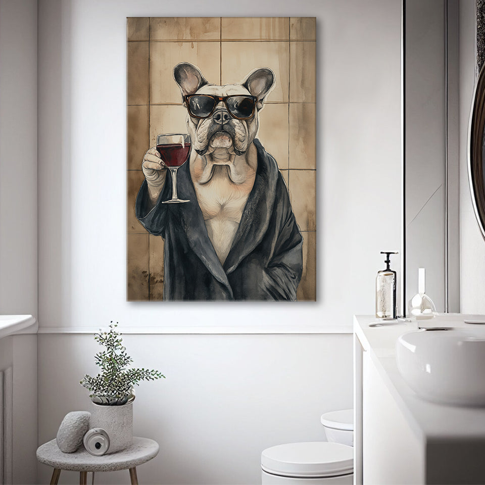 Bull Dog Holding The Cup Of Red Wine Canvas Prints Wall Art, Bathroom Art Decor,