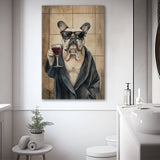 Bull Dog Holding The Cup Of Red Wine Canvas Prints Wall Art, Bathroom Art Decor,