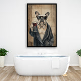 Bull Dog Holding The Cup Of Red Wine Framed Art Print Wall Decor, Bathroom Framed Art Decor
