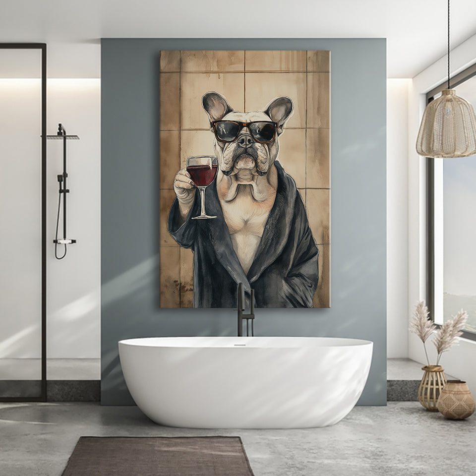 Bull Dog Holding The Cup Of Red Wine Canvas Prints Wall Art, Bathroom Art Decor,
