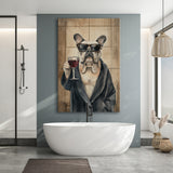 Bull Dog Holding The Cup Of Red Wine Canvas Prints Wall Art, Bathroom Art Decor,