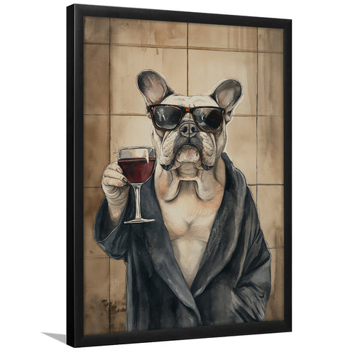 Bull Dog Holding The Cup Of Red Wine Framed Art Print Wall Decor, Bathroom Framed Art Decor