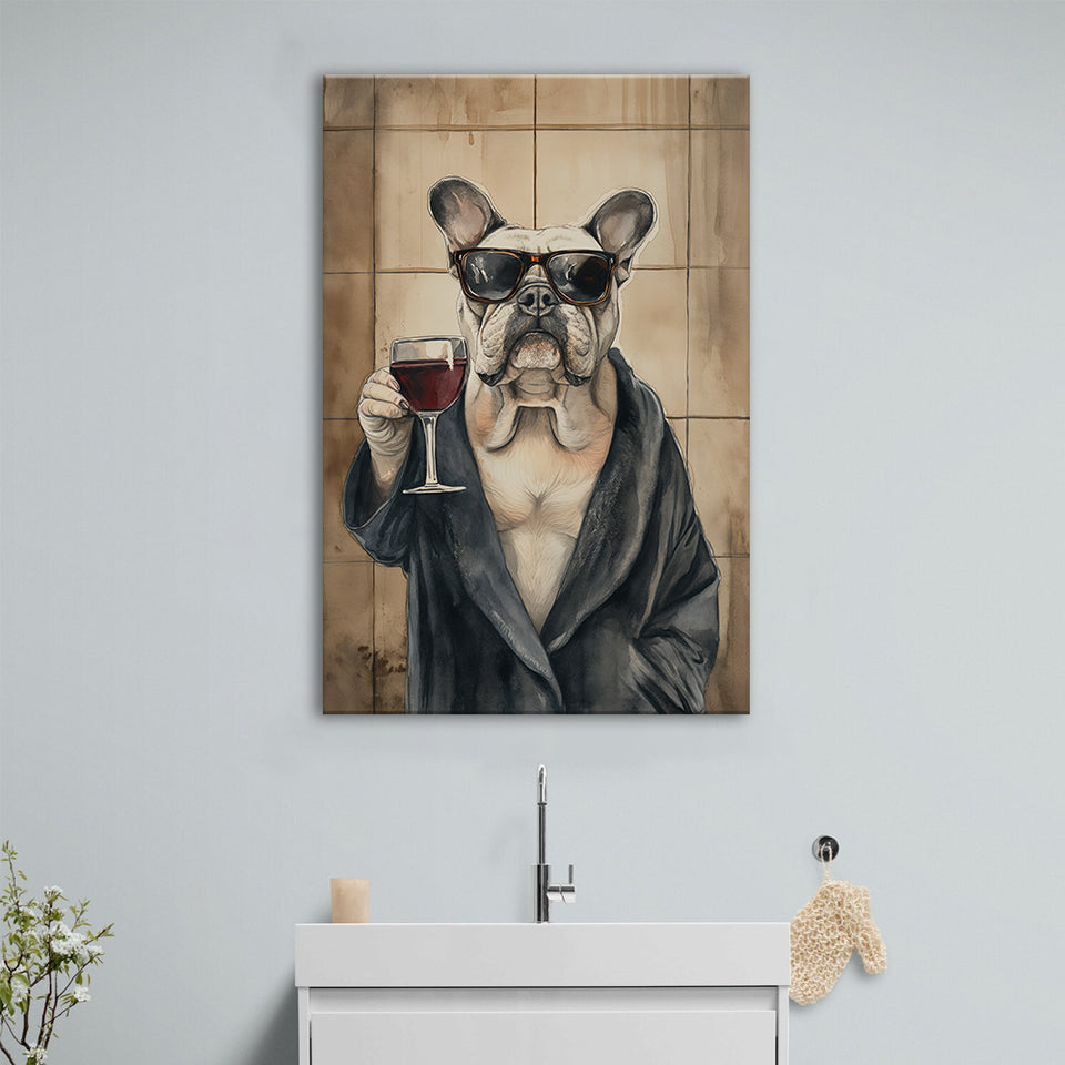 Bull Dog Holding The Cup Of Red Wine Canvas Prints Wall Art, Bathroom Art Decor,