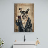Bull Dog Holding The Cup Of Red Wine Canvas Prints Wall Art, Bathroom Art Decor,