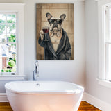 Bull Dog Holding The Cup Of Red Wine Canvas Prints Wall Art, Bathroom Art Decor,